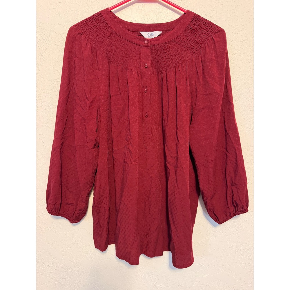 Croft & Barrow Burgundy Red Smocked Clip Dot Long Sleeve Blouse Medium